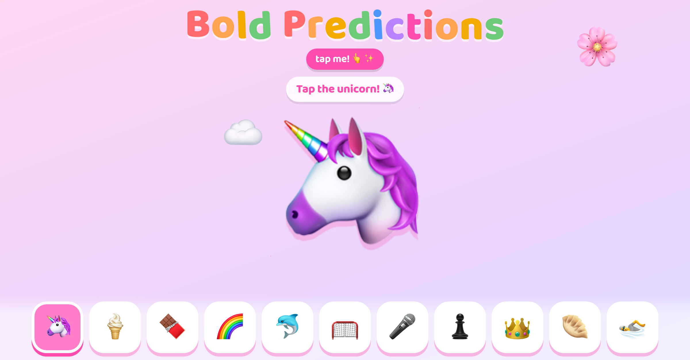 A kids' game page with the title Bold Predictions in rainbow letters, a big unicorn under a "tap me" button, and a row of game tabs: unicorn, ice cream, chocolate, rainbow, dolphin, goal, microphone, chess pawn, crown, pastel, swimmer.