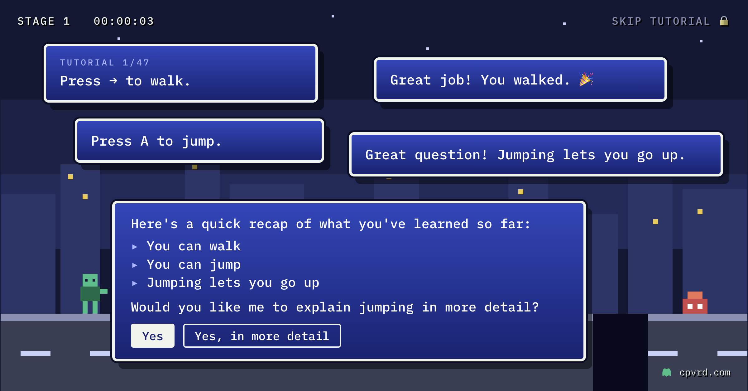 A 16-bit night stage buried under tutorial popups. "Press A to jump." "Great job! You walked." "Great question! Jumping lets you go up." The front one recaps what you've learned so far and asks if you'd like jumping explained in more detail, with two buttons, Yes and Yes, in more detail. Skip tutorial is locked.